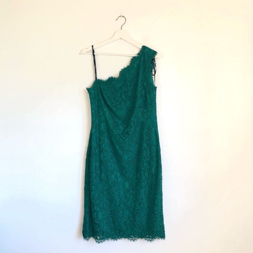 NWT Tadashi Shoji Emerald Green Eyelash Lace One Shoulder Dress Size 12
